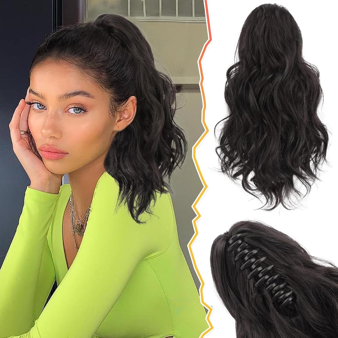 BARSDAR Claw Clip in Ponytail Extensions - 14 Inch Short Wavy Dark Brown Ponytail Hair Extensions for Women - Synthetic Claw Clip in Pony Tails Hairpieces Fake Pony Tails - Dark Brown