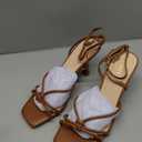 PARTY Women's Square Open Toe Strappy Heeled Sandals 3 inch Stiletto Kitten Heel with Ankle Buckle Strap, Comfortable Slingback Summer Dress Shoes,Brown Pu,8,S1