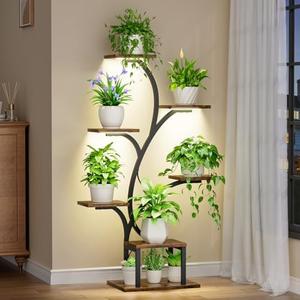 BACEKOLL Plant Stand Indoor with Grow Lights, 7 Tiered Indoor Plant Shelf, 49" Corner Plant Stands for Indoor Plants, Metal Plant Flower Display Shelves, Tree-Shaped Plant Rack for Home, Patio, Black