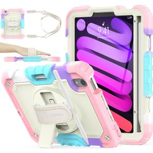 SEYMAC stock Case for iPad Mini 7 (A17 Pro)2024/ Mini 6 8.3'' with Screen Protector Pencil Holder [360 Rotating Hand Strap] &Stand, Drop-Proof Case for iPad Mini 7th/6th Generation 8.3",Yellowish+Pink