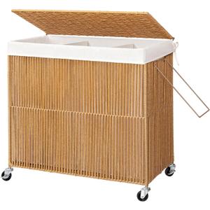 WOWLIVE Laundry Hamper with Wheels, 160L Handwoven Rolling Laundry Basket 3 Section with Lid, Clothes Hamper with Removable Liner Bags, Large Capacity Laundry Sorter Laundry Room Organization, Natural (150l(28.4 X 13 X 26.4 Inches))