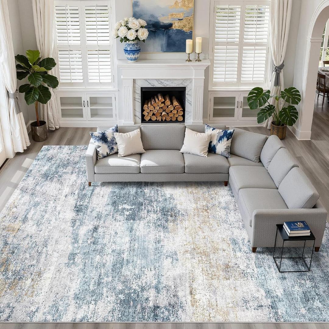10x13 Area Rug Living Room: Washable Large Neutral Rug Abstract Soft Modern Stain Resistant Indoor Floor Non-Slip Carpet for Bedroom Nursery Kids Office Playroom Dining Room Under Table- Blue Gold