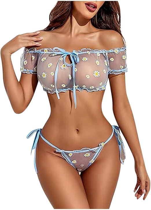 Sexy Open Front V Neck Ruffle Sheer Mesh Lace Wireless Babydoll Lingerie Dress with Thong 2 Piece XL