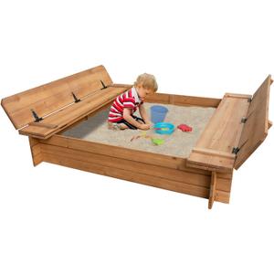 BIRASIL Wood Sandbox with 2 Bench Seats, Sand Boxes with Lid for Kids, Sand Pit with Cover for Outdoor Backyard Patio, 48 Inch