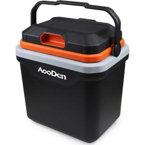 Electric Car cooler and Warmer, 26 Quart Capacity, Thermoelectric Iceless Cooler for Travel, Camping, Vehicles, Truck, Home - 12V/24V DC and 120V AC (Black & Orange)