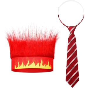 2 Pcs Halloween Fire Costume Included Hairy Headband Flame Wig Textured Tie for Men Women Cosplay Party Supplies