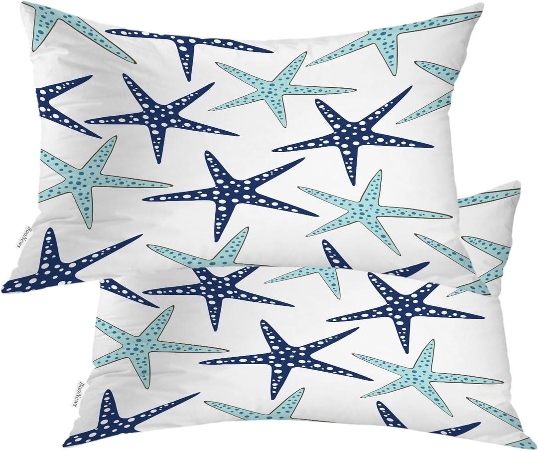 Coastal Nautical Pillow Covers, Coastal Nautical Starfish Repeat Pattern Navy Blue Lumbar 12 x 20 Inches Decorative Throw Pillow Covers Cotton Cushion for Sofa Bedroom Car, Blue 07, Set of 2