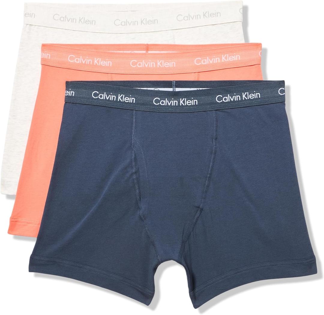 Calvin Klein Men's Cotton Stretch 3-Pack Boxer Brief (Ink, Coral Pop, Snow Heather) S