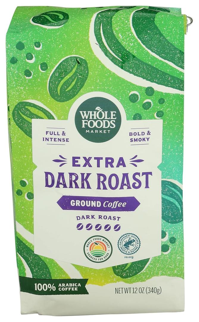 2 x Whole Foods Market, Extra Dark Roast Ground Coffee, Full & Intense, Bold & Smoky, 12 Ounce (EXP 07/26/26)