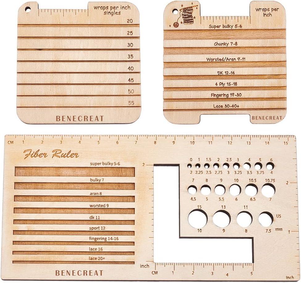 BENECREAT 3Pcs Knitting Needle Gauge Multifunctional Wood Spinning Control Card Knitting Tool for Spinners Yarn WPI Guide Gauge Measuring Tools Crochet Accessories