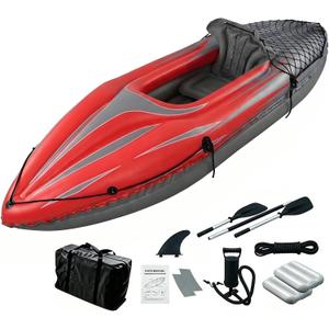 9 ft Inflatable Kayak, 1-Person Foldable Fishing Boat, 220 lb Capacity, Includes Aluminum Oars, High Output Pump, Adjustable Seat, Removable Fin, Cargo Net for Adults, Lakes & Rivers