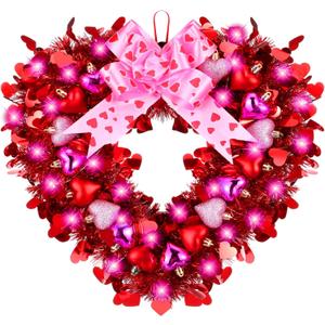 Moucuny Heart Wreath for Front Door Heart Shaped Wreath with Light String and Bowknot Tinsel Garland Decoration for Door Wall Window Party Decor(Pink)