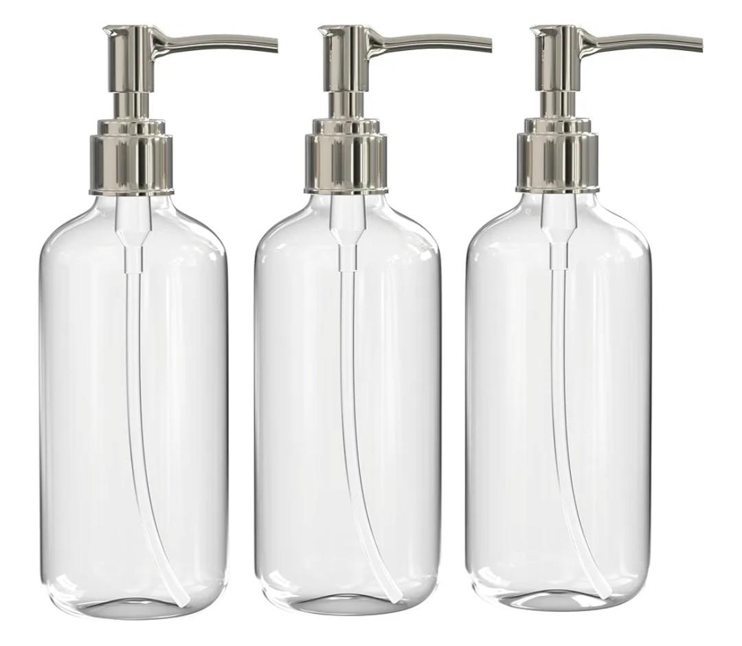 Refillable Clear Soap Dispenser Bottles with Pump, 16 oz (3 Pack) | BPA-Free Plastic Boston Round Containers for Hand Soap, Lotion, Shampoo, Kitchen & Bath