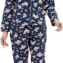 GLOBAL Comfy Pajamas for Women 2-Piece Warm and Cozy Flannel Pj Set of Loungewear Button Front Top Pants (XX-Large, Dark Blue & Pink Roses)