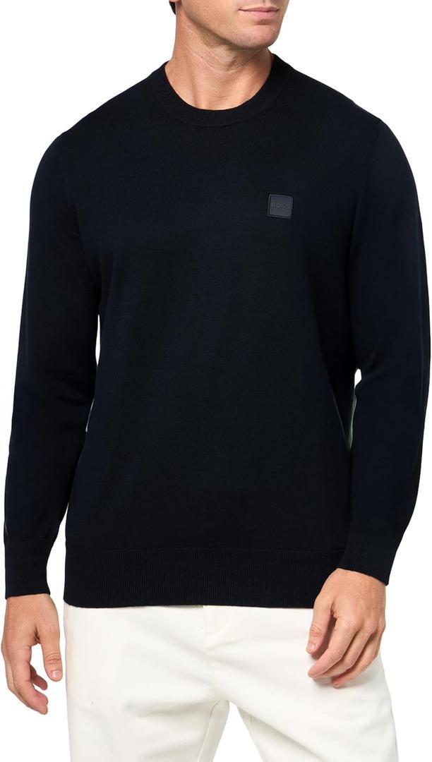 BOSS Mens Square Logo Cotton Blend Knit Sweater (XX-Large, Premium Navy)
