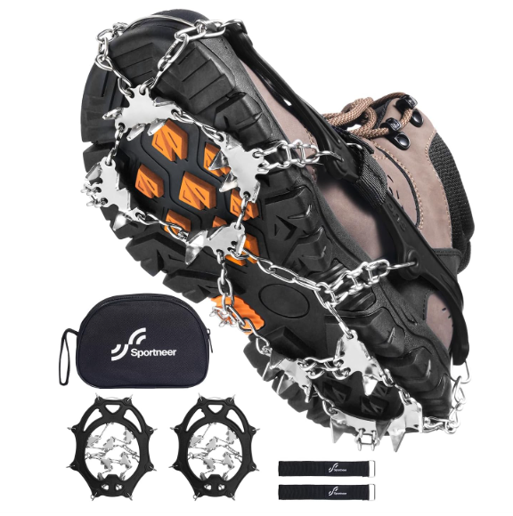 Sportneer Crampons： Ice Cleats for Shoes and Boots with 28 Spikes - Traction Slip-on Stretch Footwear for Walking and Shoveling on Ice and Snow, L