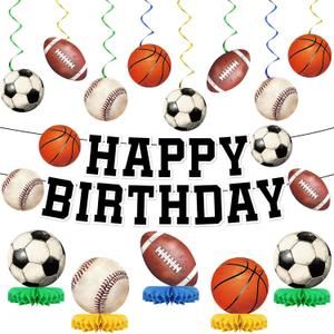 Sports Birthday Party Decorations Happy Birthday Banners Football Basketball Hanging Swirls Baseball Soccer Honeycombs Table Centerpieces for Sport Theme Party Supplies Favors Decor