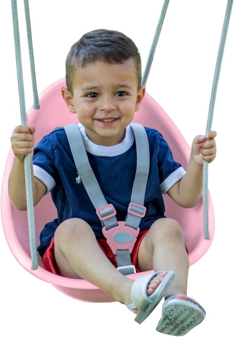 Swurfer Coconut Toddler Swing  Comfy Baby Swing Outdoor, 3- Point Adjustable Safety Harness, Secure, Safe Quick Click Locking System, Blister-Free Rope, Easy Installation, Ages 6-36 Months (Rose Pink)
