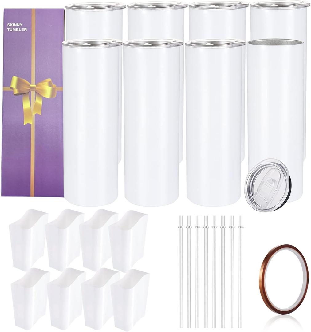 YOUKE OLA 8 Pack Sublimation Tumblers Bulk 20oz White Straight Blank Tumbler for Heat Transfer, Individual Gift Boxed, Stainless Steel Double Wall Insulated Cup with Shrink Wrap Sleeve, Heat Tape