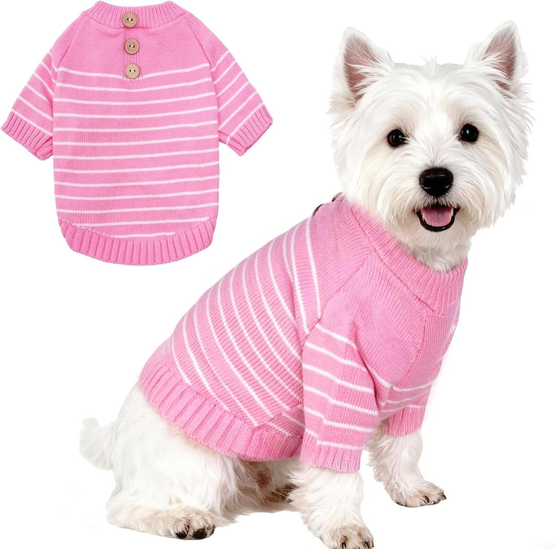 Dog Knitted Sweater with Wooden Buttons Cozy Pet Striped Winter Clothes for Chihuahuas Small Dogs Cats Boy Girl,Pink,S