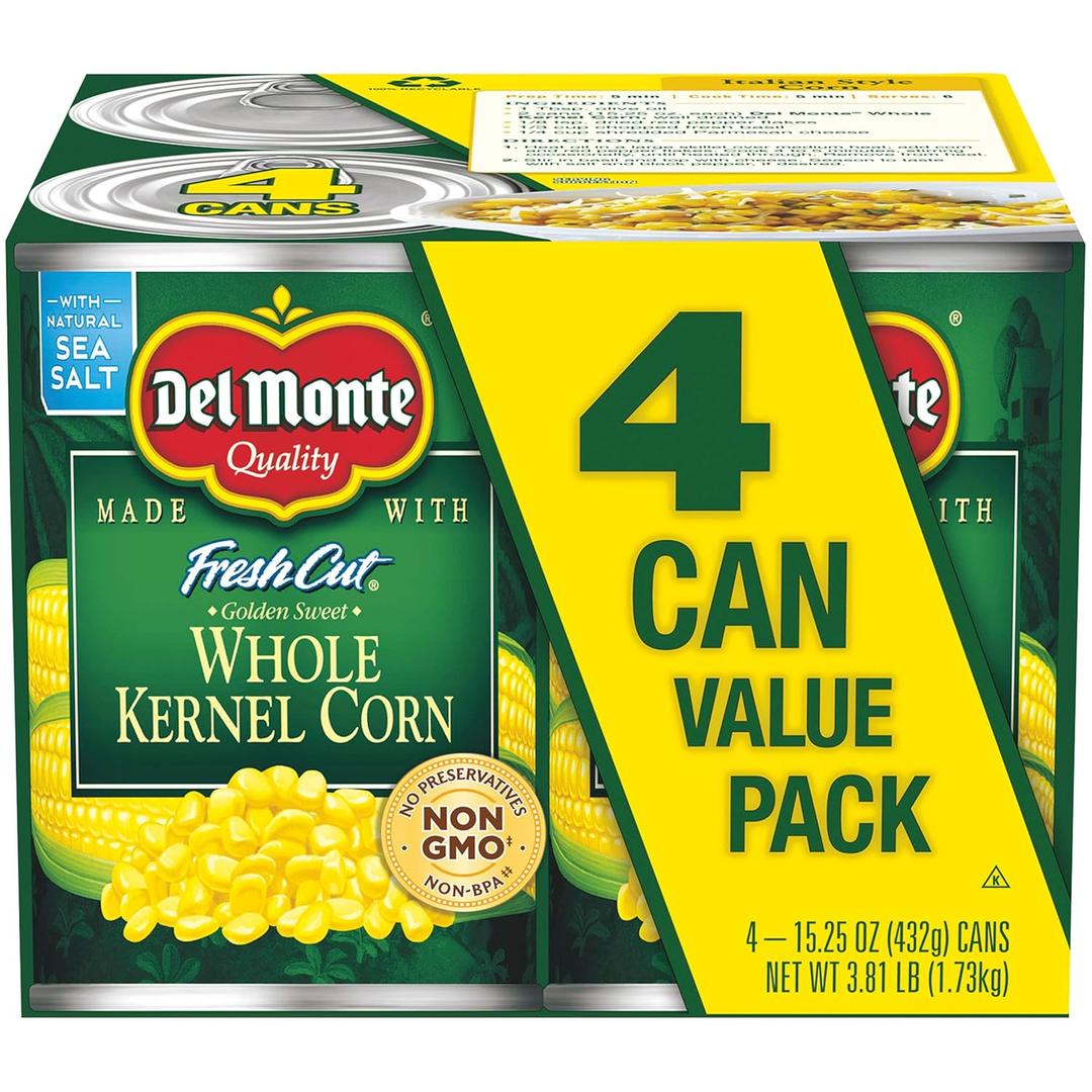 DEL MONTE FRESH CUT Golden Sweet Whole Kernel Corn Canned Vegetables, 4-Pack, 15.25 oz Cans Best By 08/28/28