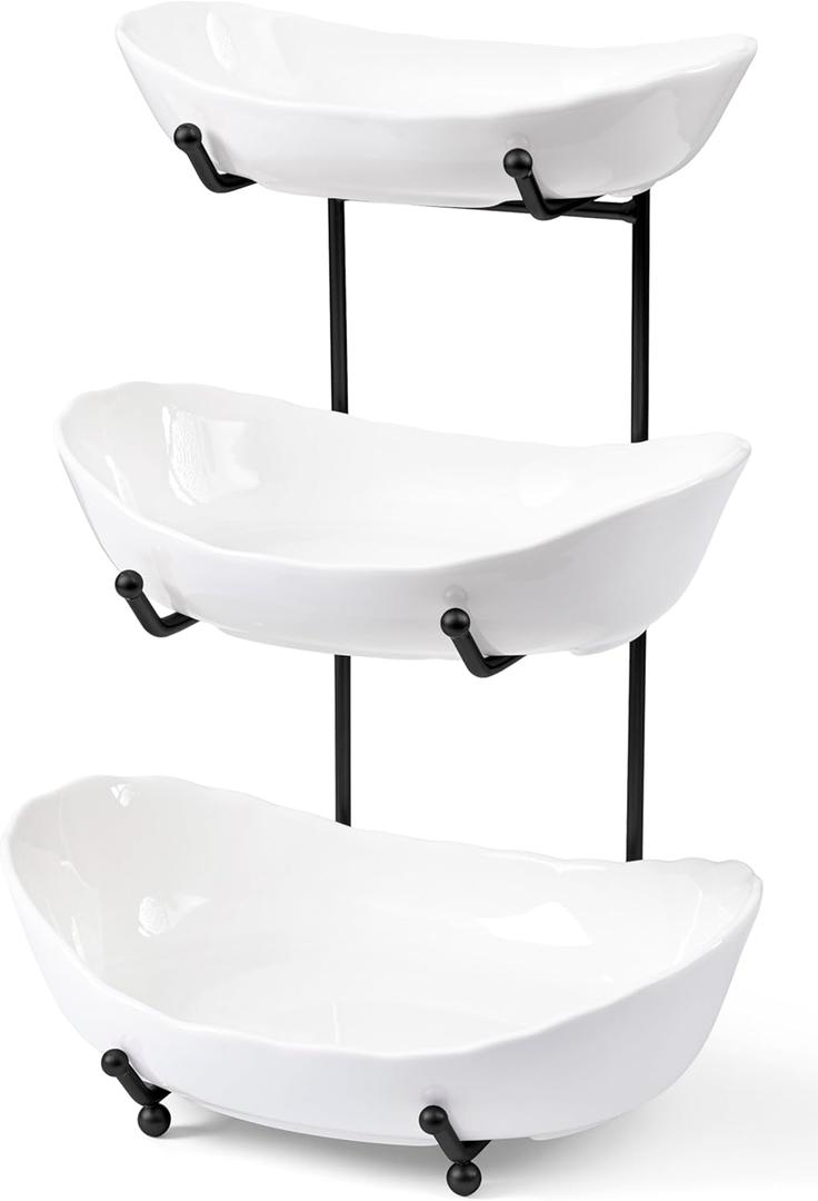 HBlife Fruit Bowl for Kitchen Counter - 3 Tier Ceramic Fruit Rack, Fruit Basket for Fresh Fruit&Veggies, Tiered Fruit Platter Serving Trays for Party (Large)