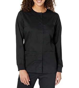 Amazon Essentials Women's Large Scrub Snap Jacket, Black, Pack of 2, Large