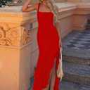 BORIFLORS Women's Elegant Bodycon Ruched Maxi Cocktail Dress Mesh Sleeveless Mermaid Ruffle Beach Wedding Guest Long Dresses (Red, L)