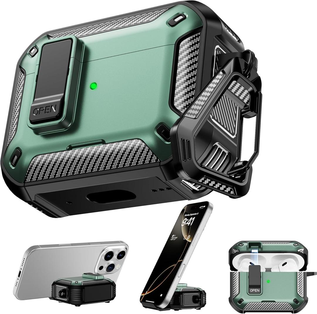 RFUNGUANGO AirPods Pro 2 Case, Compatible with AirPods Pro 2nd/1st Generation Protective Case with Phone Holder & Cleaning Kit, Magnetic Automatic Lock, Compatible with Magsafe, Green