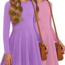 2 Pack Girls Long Sleeve Dress Skater Twirl a Line Crewneck Casual Fall Dresses for Kids 13-14 Years (Pink, Purple)