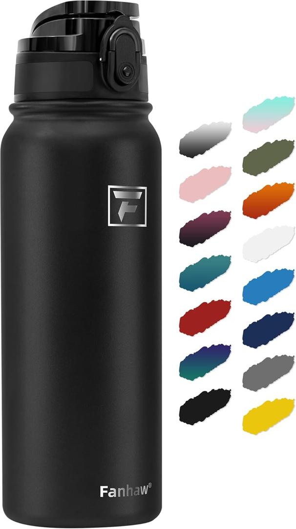 Fanhaw 20 oz Insulated Stainless Steel Water Bottle with Anti-Dust Chug Lid, Leakproof Vacuum Metal Bottle for Kids, Women & Men (Black)