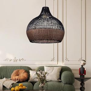 Arturesthome 1 Light Rattan Pendant Light Fixtures,Wicker Boho Black Basket Chandelier, Large Natural Woven Ceiling Hanging Lamp for Kitchen Island Dining Room W 23.5"*22.7"