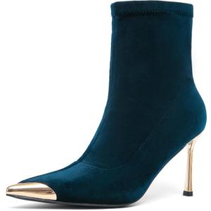 NEWBELLA Women's Ankle Boots Pointed Toe Stiletto Heel Metal Cap Toe Booties for Party Club, 7.5