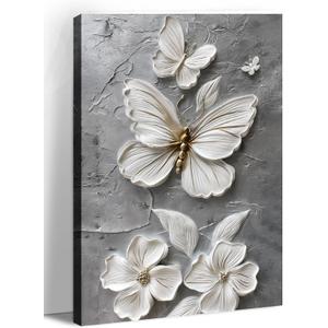 Canvas Wall Art Butterfly Wall Decor White Flower Picture Gray Poster Animal Painting Prints for Office Living Room Bedroom Bathroom Home Decor Framed(Art-2,16.00x24.00 inch)