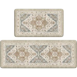 Kitchen Mats Cushioned Anti Fatigue Mats for Kitchen Floor, Non-Skid Waterproof Kitchen Rugs Padded Comfort Standing Desk Mat for Home Office Laundry Sink(Tan & Grey) (17.3" x 47 "+ 17.3" x 29 "--0.47 inches)