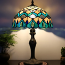 Tiffany Lamp Stained Glass Table Lamp Bedside Reading Lamp 12 x 19” Blue Phoenix Tail Style Decorative Lamp for Desk Study Living Room Bedroom Office Decor Gift