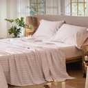 MooMee Gingham Sheet Set 100% Washed Cotton Linen Like Textured Breathable Soft w/Fully Elasticized 16-19" Deep Pocket (Classic Gingham Greyish Pink, Queen)