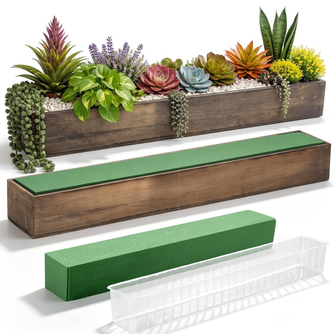 Dandat 2 Set Wood Boxes for Centerpieces 34x5 Inch Rectangle Wooden Planter Box Rustic Wooden Planters with Removable Plastic Liner Floral Foam Blocks for Christmas Wedding Home Garden Decor(Brown)