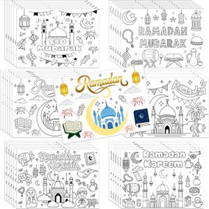 30Pcs Eid Mubarak Coloring Placemats Ramadan Mubarak Disposable Table Mat Coloring Activity Paper Mat for Muslim Ramadan Holiday Party Home Kitchen Dining Table Decor