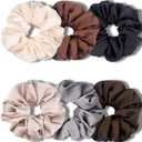 IVARYSS Big Scrunchies for Women Thick Hair, Premium Satin Softer than Silk, XL 6 Inch Extra Large Scrunchy Elastic Hair Bands Accessories, 6 Pack, Neutral