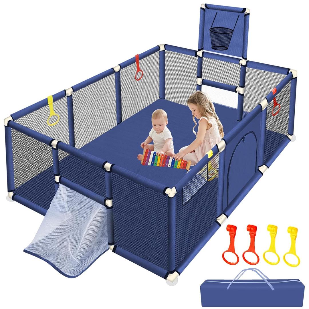 Large Playpen for Babies and Toddlers, 74''50'' Kids Ball Pit, Sturdy Play Yard with Basketball Hoop & Soccer Nets, Children's Fence Play Area with Breathable Mesh, Indoor Outdoor Infant Safety Gate