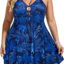 Hanna Nikole Women Plus Size One Piece Swimsuit Cut Out Adjustable Bathing Suit Tummy Control Swim Dress Swimwear with Shorts (Dark Blue Leaves)