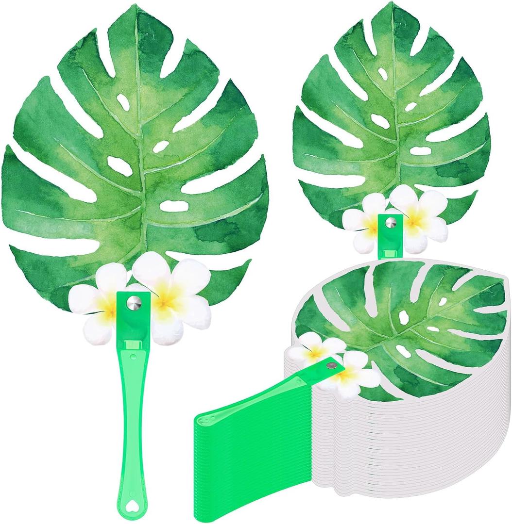 50 Pcs Luau Hawaiian Hand Fans Tropical Palm Leaves Plastic Handle Cardstock Paper Wedding Fans Photo Props for Guests Decoration Hawaiian Luau Party Favors