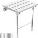 Folding Shower Seat, Wall Mounted Bathroom Safety Stool Chair with Support Legs, Foldable Wall Wood Shower Bench for Seniors (White)