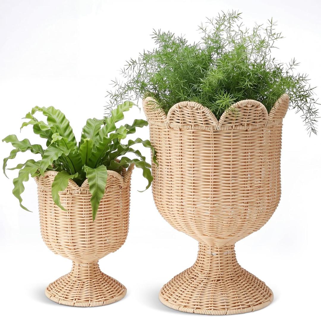 2 Pcs Rattan Scallop Vase Indoor Outdoor Planter Basket Woven Decorative Storage Basket and Planter for Porch Patio Backyard Home Garden 13 x 13 x 15.8 Inches, 7.1 x 7.1 x 8.7 Inches