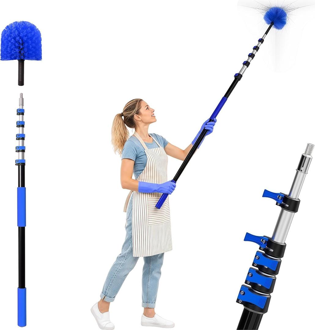 30 FT Reach Cobweb Duster with Extension Pole, Spider Web Brush with 5-24FT Telescoping Extension Pole, Non-Shedding Fluffy Bristles, Effortlessly Cleans High Indoor & Outdoor Webs