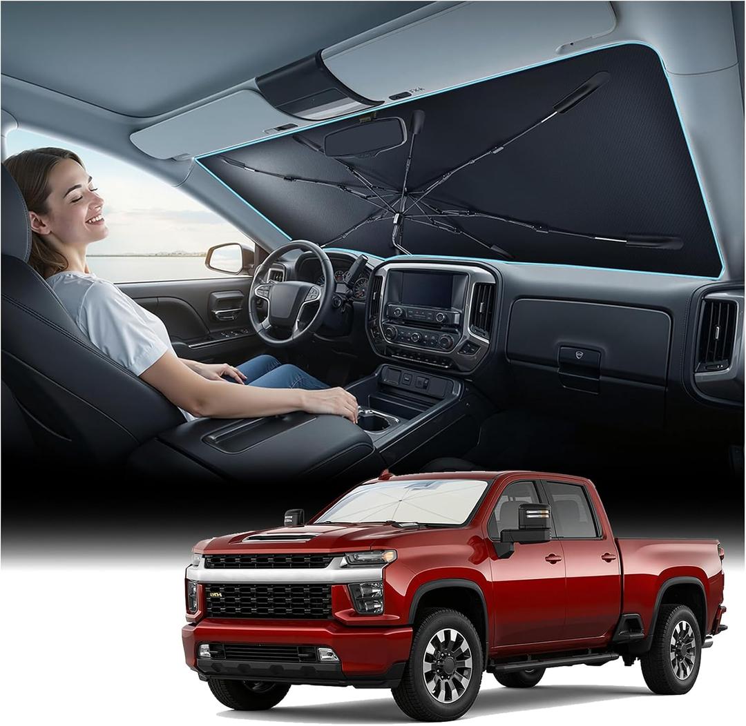 Nmoiss Windshield Sun Shade Umbrella for Silverado - [Vinyl Coating Heat Shield] Protect Car from Sun Rays & Heat Damage Keep Cool and Protect Interior, Spring Structure Edge