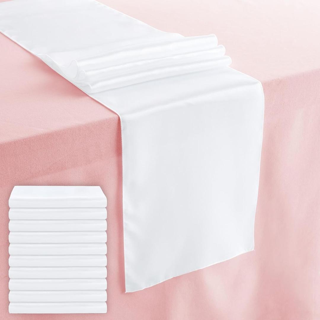 Juvale 10-Pack White Satin Table Runners - 108.2x11.8 in Polyester Satin - Reusable Scratch & Spill Resistant Runner - Fits Rectangular & Round Tables - Weddings, Parties & Banquets