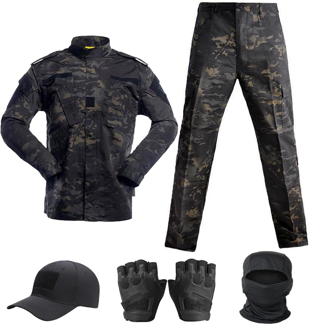 Tactical Suit,Combat Pants and Shirt,Cap Gloves Balaclava Set,Black Camo Uniform Men's Military Airsoft Gear (Medium, Bdu-mcbk)