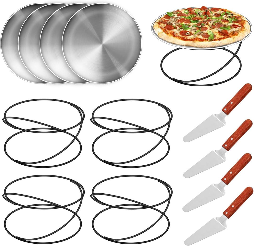 12 Pcs Pizza Pan Riser Stands Pizza Spatula Sets Includes 4 Metal Pizza Table Stands 4 Pizza Pan and 4 Wood Handle Pie Server, Pizza Rack Stand Pizza Tray for Oven Pizza Dessert Cheese Baking